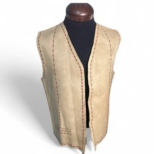 Artisan Hand Tanned Leather Open Front Vest Western Boho Embroidered Detailing